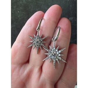925 Sterling Silver CZ Starburst Dangling Pierced Earrings Vintage